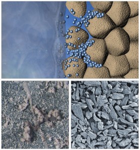 These photos illustrate Baker Hughes' MAX-BRIDGE water-based drilling fluid system, which is comprised of MAX-SHIELD (lower left), LC-LUBE (lower right) and LC-LUBE Fine, which synergistically plug and seal pore throats and fractures in depleted sand and limestone formations. MAX-SHIELD helps seal micro-fractures in a Pierre II shale. This system is one of the advances in water-based fluid systems. 