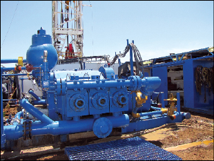 Two triplex mud pumps on the rig are each powered by a 1,150-hp AC motor.