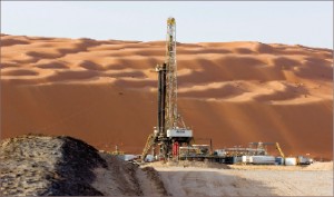 In Saudi Arabia, where Nabors is active, the company employs Saudi nationals as rig managers who are “well respected,” said Nabors International Management president Siggi Meissner. Above, the company’s Rig 607 drills for Saudi Aramco. 