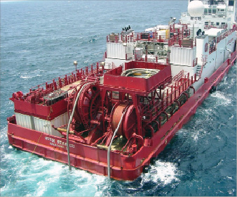 Halliburton’s Stim Star III frac boat was used to pump frac pack treatments on Chevron’s wells in the GOM. The DP vessel can maintain its position independent of the rig via sonar and satellite. The coflex hoses on the back of the boat unreel from the vessel and are attached to the rig to pump the frac treatment from the boat down the well.