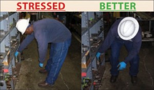 The photos above show the “stressed” and “better” way of bending over to reach for an object. “Using Safety In Motion techniques like ‘Same Side Hand and Foot’ recruits better muscles, provides best leverage and easier alignment,” the company said.