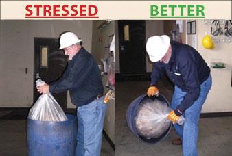 These photos demonstrate the “stressed” way of pulling a trash bag out of a trash can (left) and the “better” way (right). The “better” way exhibits the methods of “applying ‘smart set-up,’ which provides less strain and makes every day tasks easier,” said Andy DuBose, Safety In Motion senior consultant.