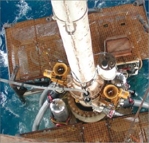 The photo above shows Chevron’s inital trial well with dual-gradient technology. This is the running of the mud lift pump for the subsea mud lift drilling (dual-gradient). The picture below shows the mud lift pump in the moonpool area awaiting its first run. The BOP is in the foreground hanging off in the moonpool.
