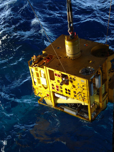 The EVDT being deployed for a record breaking water depth of 9,356 ft.