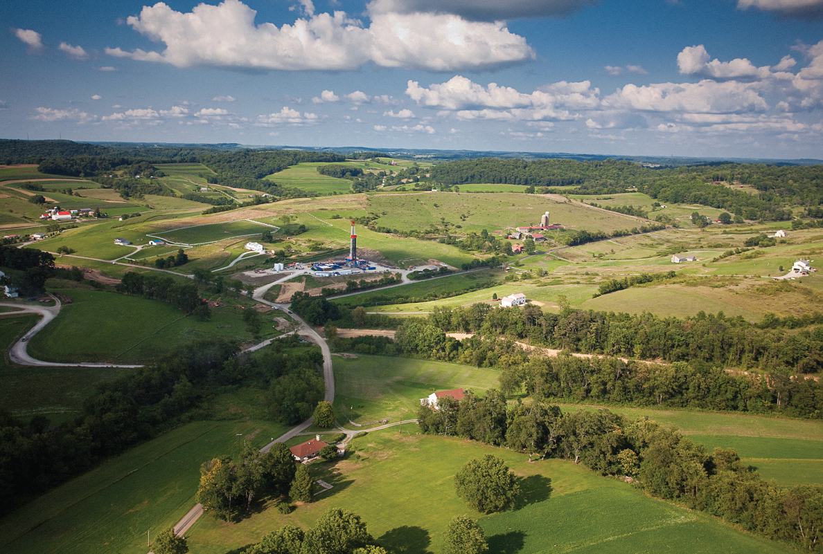 This aerial shot shows a Range Resources-operated rig in Washington County, southwestern Pennsylvania, in the hilly Marcellus Shale.  