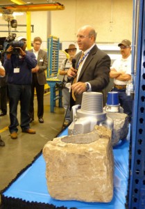 Allen Sinor, Baker Hughes vice president, drill bit systems, answers questions during a tour of the company’s Woodlands manufacturing plant on 30 April. Baker Hughes will add 130 skilled positions to the facility.