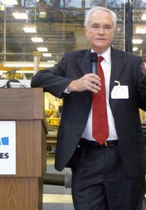 Baker Hughes chairman, president and CEO Chad Deaton discuss the company’s expansion plans during a news conference on 30 April in The Woodlands, Texas.