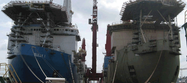 Bully I (left) and Bully II (right) nearing completion at the Keppel Shipyard.