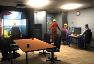 The multi-role interactive simulation is performed in a classroom setting with simulator stations for the operator, signalman (banksman), slinger and instructor. The team must work together to perform lift operations.