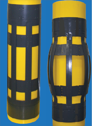 The close tolerance expandable cementing centralizer used in the Cepsa well can be seen pre-expansion on the left and post-expansion on the right. 