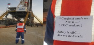 As part of an HSE initiative established at Kuwait Oil Company, crew members who are caught committing an unsafe act three times in a row are required to wear a jacket with a special slogan on the back as penalty for the violation. He must continue to wear the jacket until it is passed to another crew member who is caught committing an unsafe act. This new psychological approach to improving safety performance has proved effective for the company’s rigs.  