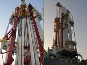 The multipurpose tower on the Noble Globetrotter I uses two revolving carousels to allow 35,000 ft of tubulars to be racked. There is a construction side and a separate drilling side for improved efficiency.