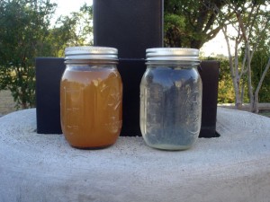 Raw flowback and produced water prior to treatment by ROLCO’s electro-coagulation system (left) is compared with water that has been through the electro-coagulation process (right), prior to the polishing stage, where all remaining solids are removed for more efficient reuse at the fracturing site.