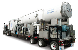 GE’s mobile thermal evaporator uses heat to distill water and concentrate brine. It is mounted on a single trailer so it can reach remote drilling sites.