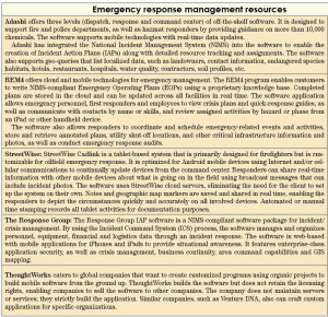 Table 1: Several emergency response-specific management programs are available to help responders access emergency plans in the field, interactively collaborate and report actions. This table provides a sampling of these programs.