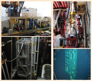 Top left: Saipem’s Scarabeo 9 rig was retrofitted with an umbilical winch, a control container and office/tool container to use the EC-Drill dual-gradient drilling system. Top right: A modified riser joint, part of the dual-gradient system, is run through the rotary table on the Scarabeo 9. Bottom right: The bottom of the pump in the C-1 well was equipped with a mud return line and riser connection. Bottom left: Preparations for the pump module are made in the rig’s moonpool.