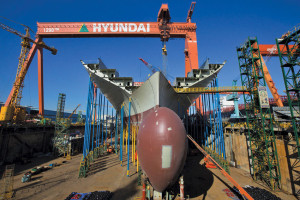No. 1 Drydock is one of 10 drydocks at the HHI shipbuilding yard in Ulsan, South Korea. The dock is 2,200 ft (672 meters) long, 302 ft (92 meters) wide and 44 ft (13.4 meters) deep. HHI has 13 drillships and two semisubmersibles under construction.