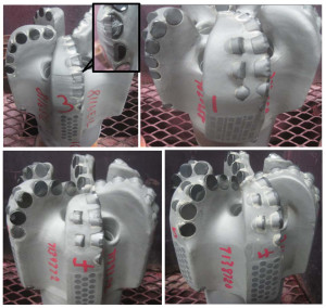 Configuring bit technology to complement the high-build RSS was important to realize its potential. The dull analysis for the initial bit was noted, including signs of severe abrasive wear to the shoulder and drill bit cutting structure gauge (Figure 4, left top). The excessive wear was originally thought to have resulted from reaming through sand formations and tight spots in the vertical section. However, heavy shoulder and gauge cutter wear were also observed on stronger, more durable bit designs when no reaming was required (Figure 5, right top).   Figure 6 (left bottom): Dull condition after the first run, which used the same drilling parameters as offset wells, was improved compared with offset dulls. However, signs of wear and damage to the cutting structure in the bit’s shoulder were still evident. Figure 7 (right bottom): After  being  run with optimized parameters, by increasing the WOB and decreasing ROP to allow the RSS to function, the dull showed no signs of wear or damage to the shoulder or gauge area of the cutting structure. 