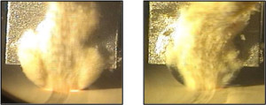 Figure 1: A pressurized single-cutter rock test apparatus is conducted in an organic fluid on an impermeable hard sandstone (< 0.1 mD). A standard planar face cutter (left) glows bright orange at the cutter rock interface while cutting. The StayCool cutter’s glow (right) is almost imperceptible and also has less competent cuttings running up the face.   
