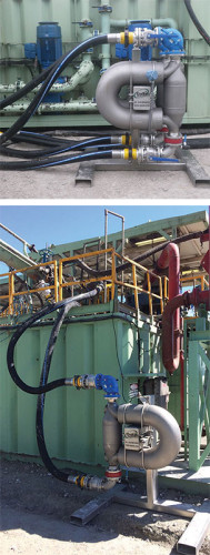 Top and bottom: OnSite Integrated Services is developing a software system that uses Coriolis meters on the suction and flow lines to measure a mass balance of the well’s circulatory system. The meters are accessed by blue clean-out ports. The mass flow going into the well, coupled with the amount of cuttings being generated at the bit, allows the operator to plot the amount of cuttings being produced versus the amount being removed from the well. The difference is what should be seen at the surface to ensure efficient hole cleaning.
