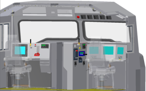 This CAD rendering shows a redesign of a locomotive cab based on user-centered design principals. Important lessons can be learned from the US railroad industry and applied to oil and gas, said Amanda DiFiore, who’s leading the human factors sub-group of the Drilling Systems Automation Roadmap Cross Industry Initiative Committee.