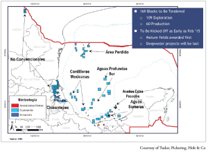 In Round 1, expected in early 2015, Mexico’s National Hydrocarbon Commission will auction 169 blocks covering approximately 28,500 sq km. Of those 169 blocks, 109 are exploration and 60 are production. 