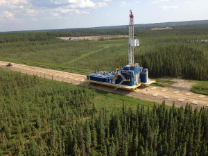 The heli-portable Nabors AC Rig 103 moves between multiwell pads on a table-top moving system in Alberta.