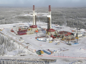 Nabors Rigs 16 and 17 drill for shale gas on a multiwell pad in the Horn River Basin of British Columbia in western Canada. The CAODC expects onshore tight gas and heavy oil plays in British Columbia and northwest Alberta to remain flat in 2015. 