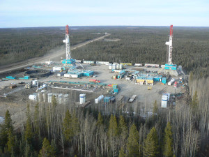 Trinidad Rigs 48 and 50 operate on a multiwell pad in the Horn River play of British Columbia.