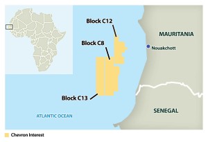 Chevron is acquiring a 30% non-operated working interest in three blocks offshore Mauritania: C8, C12 and C13. The blocks cover approximately 6.6 million gross acres in water depths ranging from 1,600 m to 3,000 m.