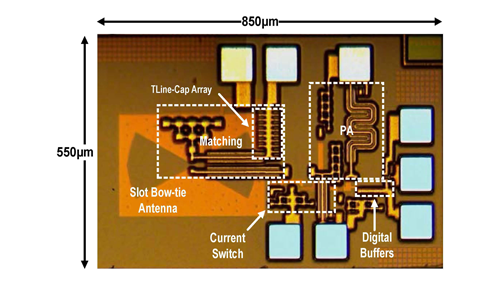 The size of this newly developed microchip, including the on-chip camera and the pads, is only 0.55 mm by 0.85 mm.