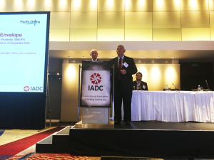 Dick Verhaagen (left), VP Africa for Pacific Drilling, and Jimmy Jeansonne, Operations Manager Drilling & Completions Operations for Chevron, discussed the detailed planning and execution of close-proximity SIMOPS drilling and completions operations at the 2016 IADC Drilling Africa Conference in Cape Town, South Africa, on 16 February.