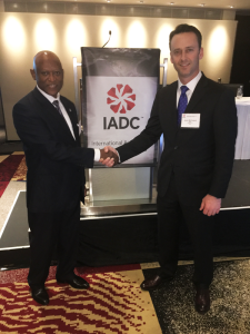 SAOGA Chairman Mthozami Xiphu (left) meets with IADC President Jason McFarland at the 2016 IADC Drilling Africa Conference on 16 February in Cape Town, South Africa.