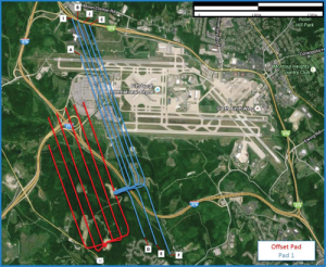 Figure 1: In the spider plot, the Pittsburgh International Airport project pad 1 is shown in blue, and offset pad 2 is shown in red. Both were designed with negative vertical section and extended lateral sections to optimize lease development and maximize subsequent gas production. 