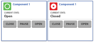 This screen shows the separation between the state of a component and the ability to function it. The state of Component 1 in this example is listed and is visually reinforced by the color and shape of the icons. The ability to control Component 1 remains independent of the state with persistent buttons for close, pause and open.