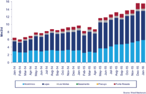Figure 1: Tight gas production from Argentina’s Neuquén Basin more than doubled between January 2014 and January 2016, according to Wood Mackenzie. The Lajas and Mulichinco formations were responsible for the bulk of tight gas production during this period. Overall, there are 11 tight developments under way in the basin, including Total’s drilling program in the Aguada Pichana block and YPF and Petrolera Pampa’s $150 million investment in the Rincón del Mangrullo block.
