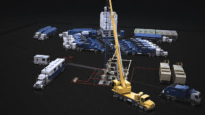 The automated stimulation delivery platform combines a bulk material delivery and storage system, equipment designed for continuous operations, automated processes, and accurate inventory management for more efficient, reliable, and cost-effective fracturing operations with reduced HSE risks. (Image courtesy of Schlumberger)