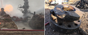 Figure 5: A jet cutting operation was performed to cut the wellhead of well #4. The picture on the left shows the position of the jet cutter below the lowermost leak, and the picture on the right shows the cross-section of the cut.