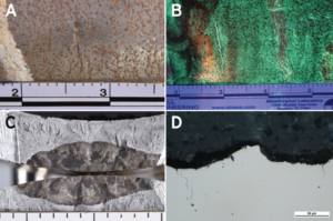 Figure 1 shows outside surface pits and a circumferential crack (a), circumferential indication from WFMT (b), crack surfaces (c) and unetched photomicrograph (d). Scale divisions are in inches. 