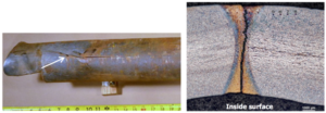 Photograph (left) of a parted casing and photomicrograph (right) showing a crack through the ERW weld. 