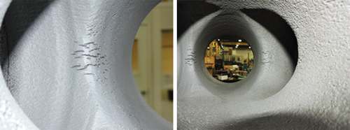 Figures 1 (left) and 2: Long-term, severe cavitation can cause surface pitting on a module crossbore and reduce the module’s fatigue life. Over time, cavitation can lead to expensive maintenance issues and a potentially catastrophic failure.